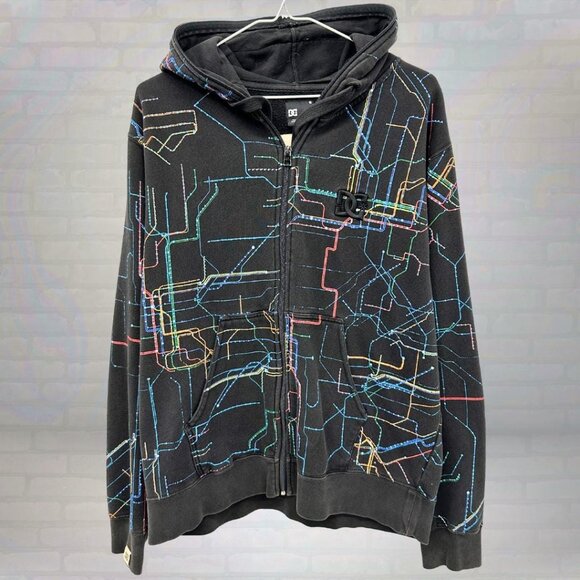Y2K DC Shoes Subway Map Hoodie | Rare Neon Graphic Zip Up Size Medium - Picture 1 of 6